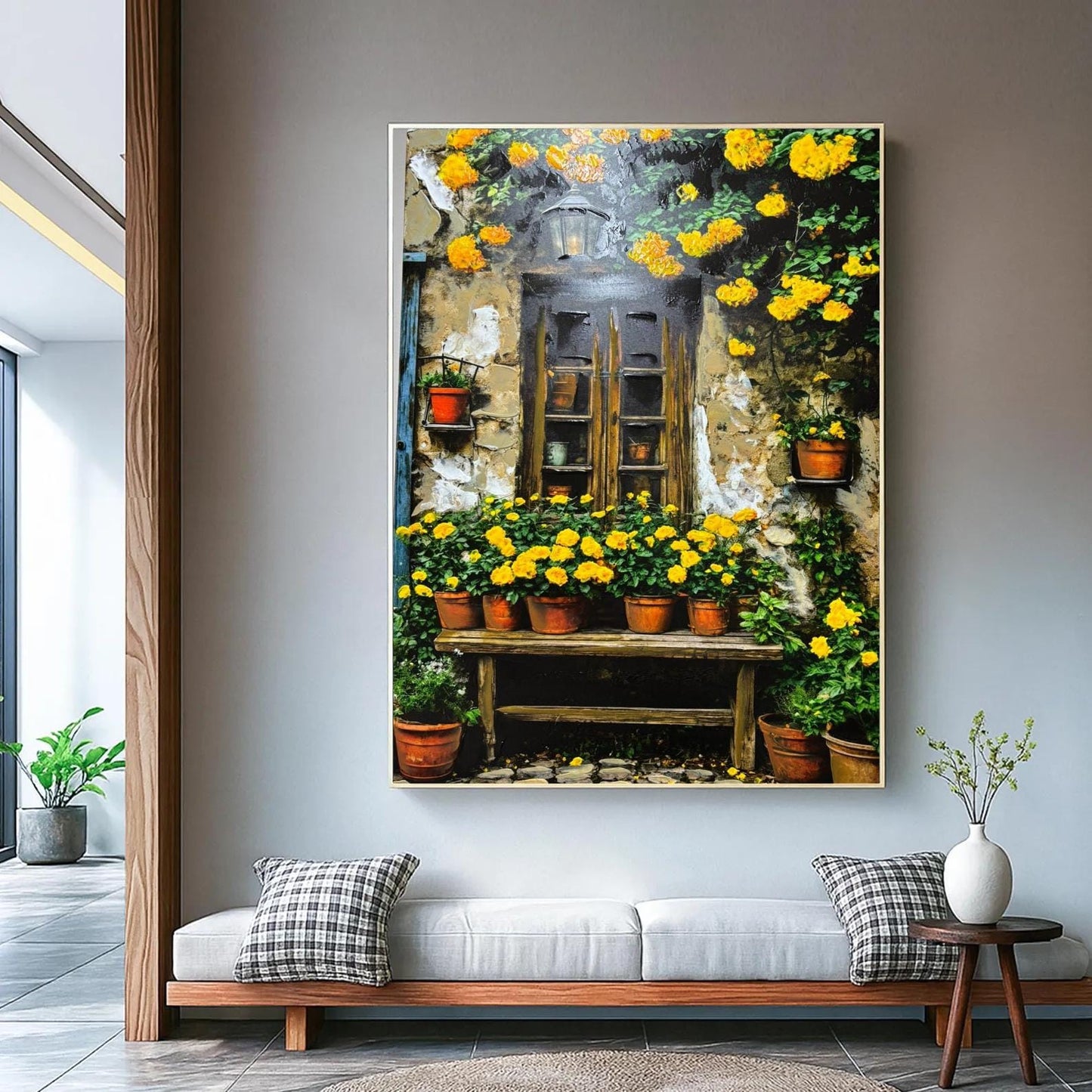 Hand-Painted Mediterranean Garden Window Oil Painting, Yellow Floral Rustic Canvas Wall Art