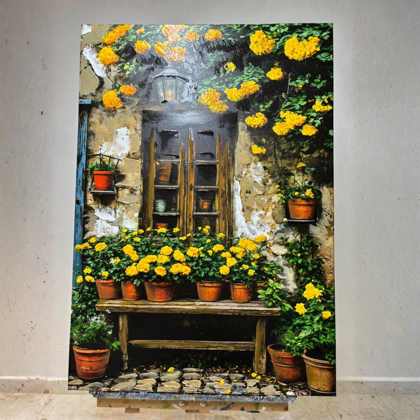 Hand-Painted Mediterranean Garden Window Oil Painting, Yellow Floral Rustic Canvas Wall Art