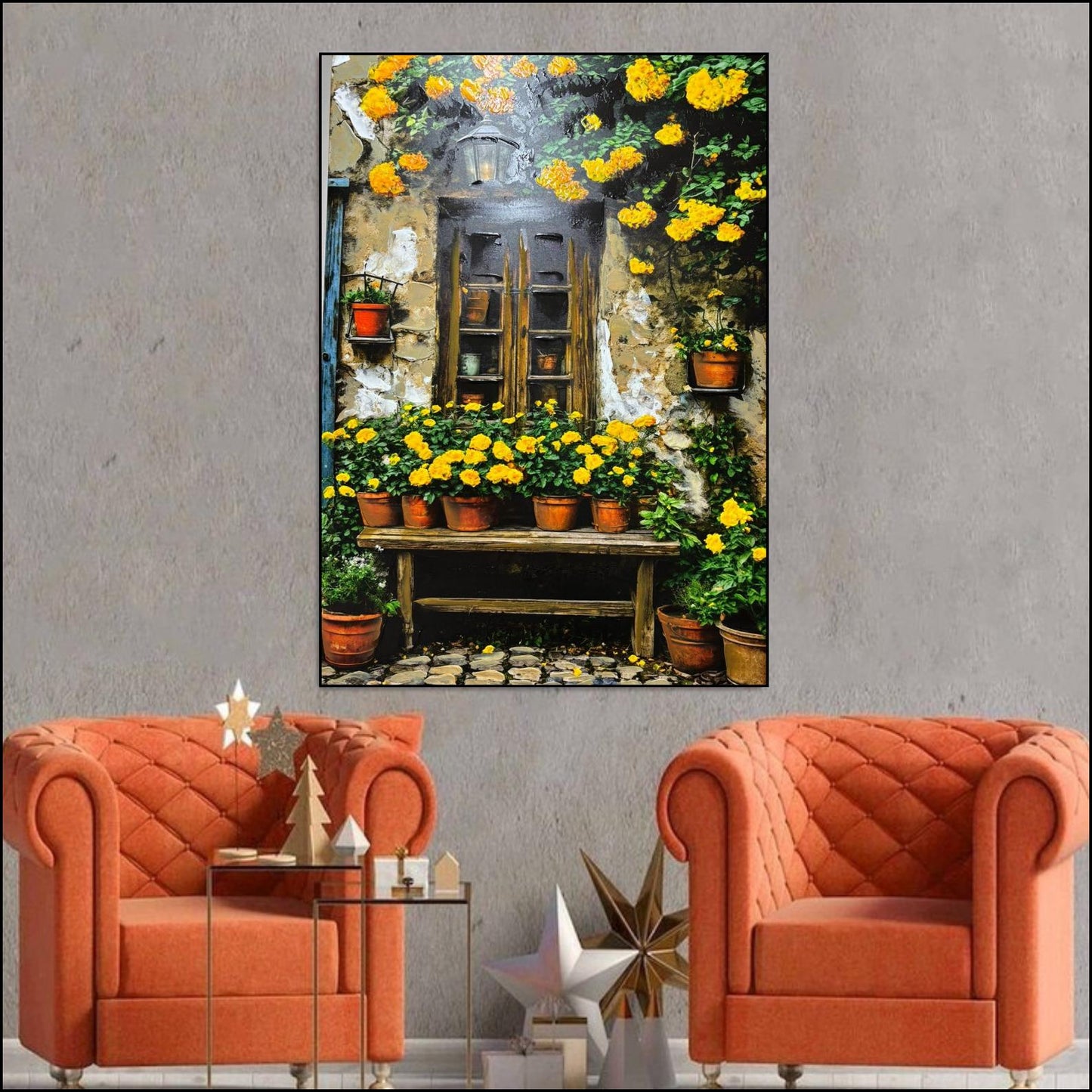 Hand-Painted Mediterranean Garden Window Oil Painting, Yellow Floral Rustic Canvas Wall Art