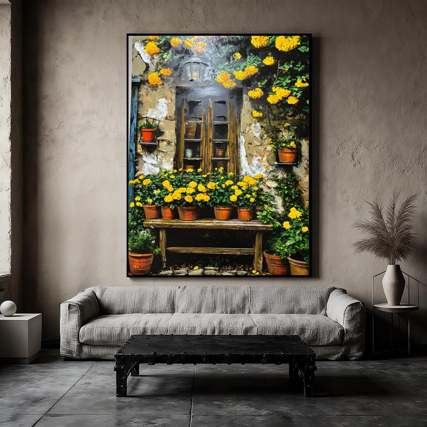 Hand-Painted Mediterranean Garden Window Oil Painting, Yellow Floral Rustic Canvas Wall Art