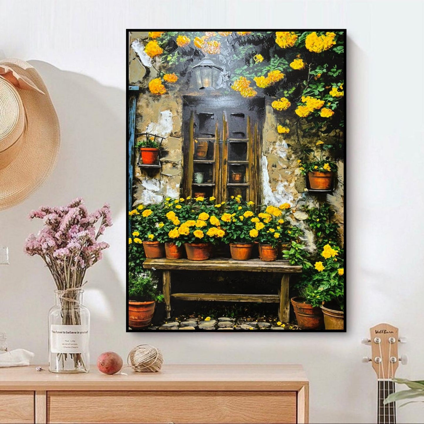 Hand-Painted Mediterranean Garden Window Oil Painting, Yellow Floral Rustic Canvas Wall Art