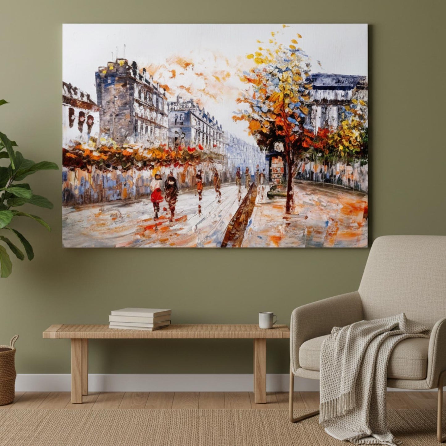 Textured Paris Street Painting, Autumn Cityscape, Palette Knife Canvas Art