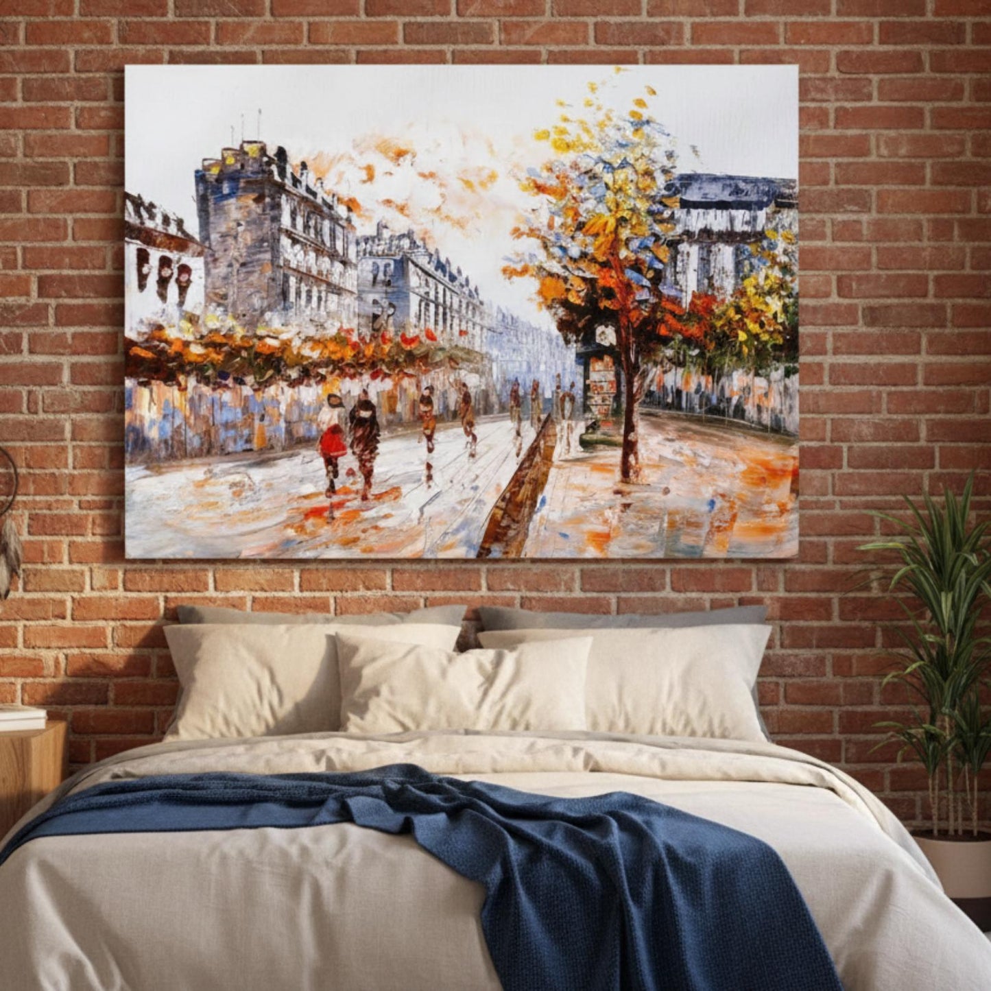 Textured Paris Street Painting, Autumn Cityscape, Palette Knife Canvas Art