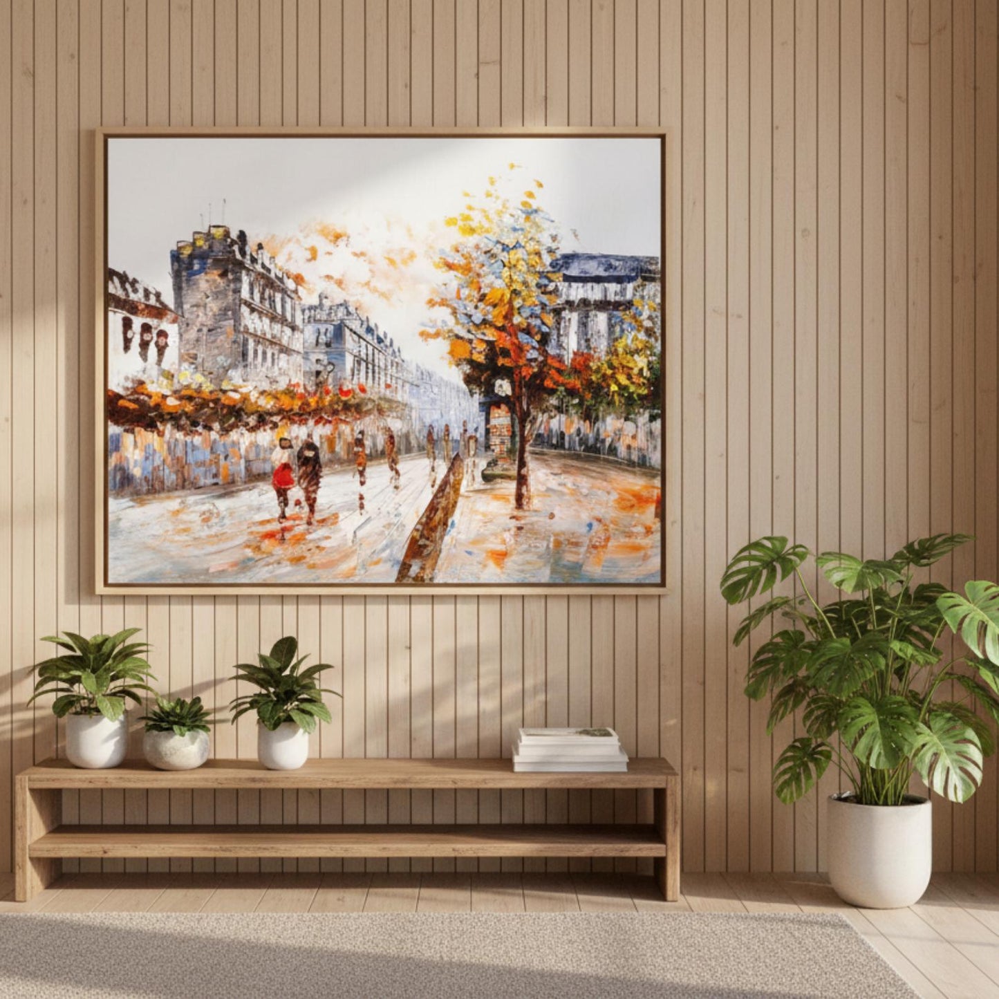Textured Paris Street Painting, Autumn Cityscape, Palette Knife Canvas Art