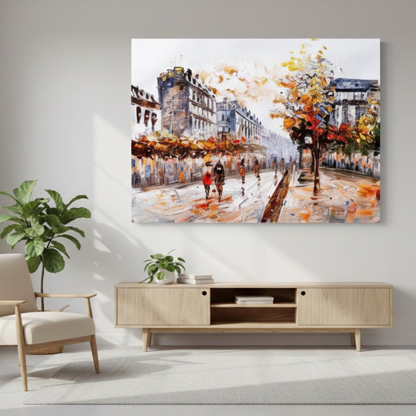 Textured Paris Street Painting, Autumn Cityscape, Palette Knife Canvas Art