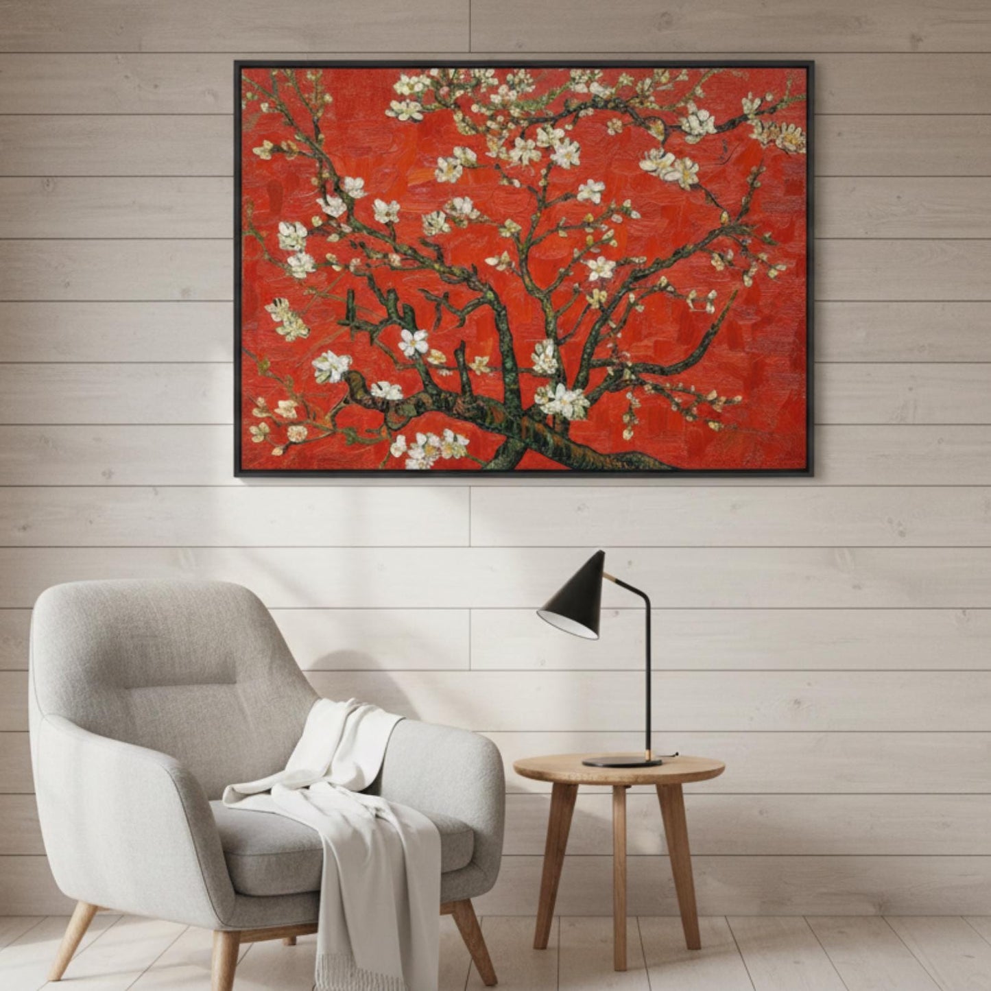 Textured Cherry Blossom Painting, Red Floral Tree Canvas Art, Asian Inspired Artwork