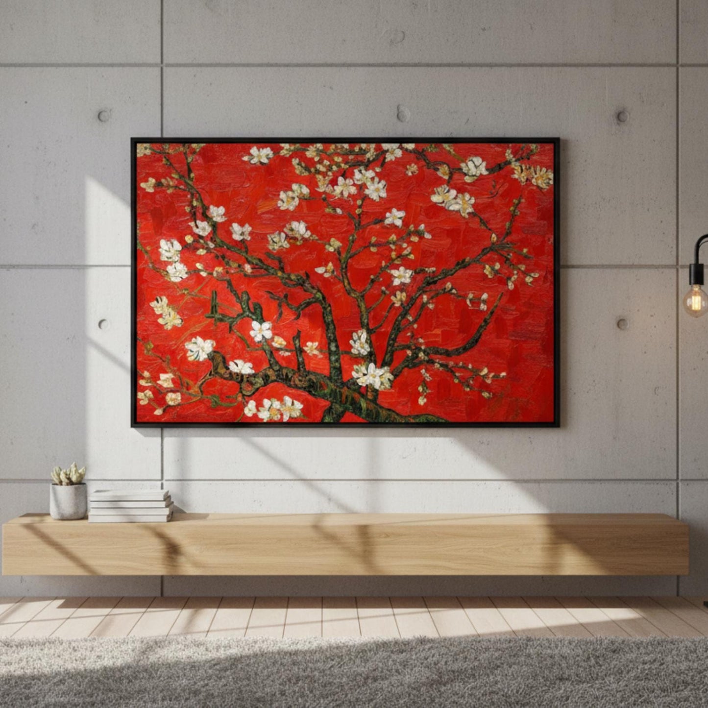 Textured Cherry Blossom Painting, Red Floral Tree Canvas Art, Asian Inspired Artwork