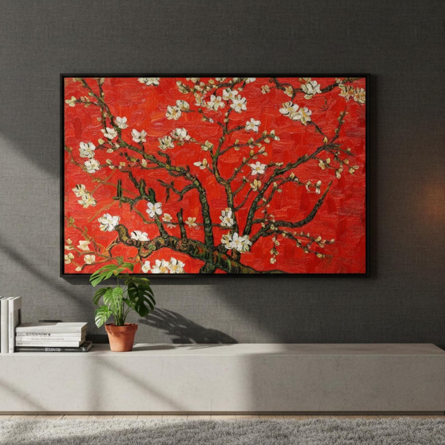 Textured Cherry Blossom Painting, Red Floral Tree Canvas Art, Asian Inspired Artwork