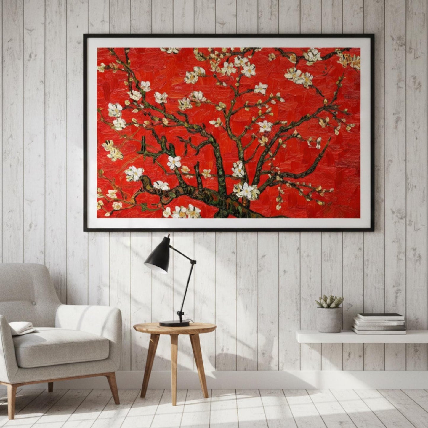Textured Cherry Blossom Painting, Red Floral Tree Canvas Art, Asian Inspired Artwork