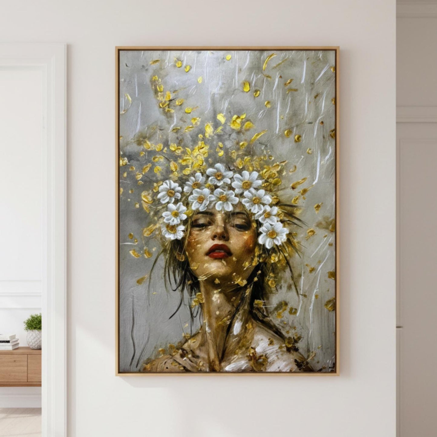 Textured Floral Woman Portrait Painting, Gold Impasto Canvas Art