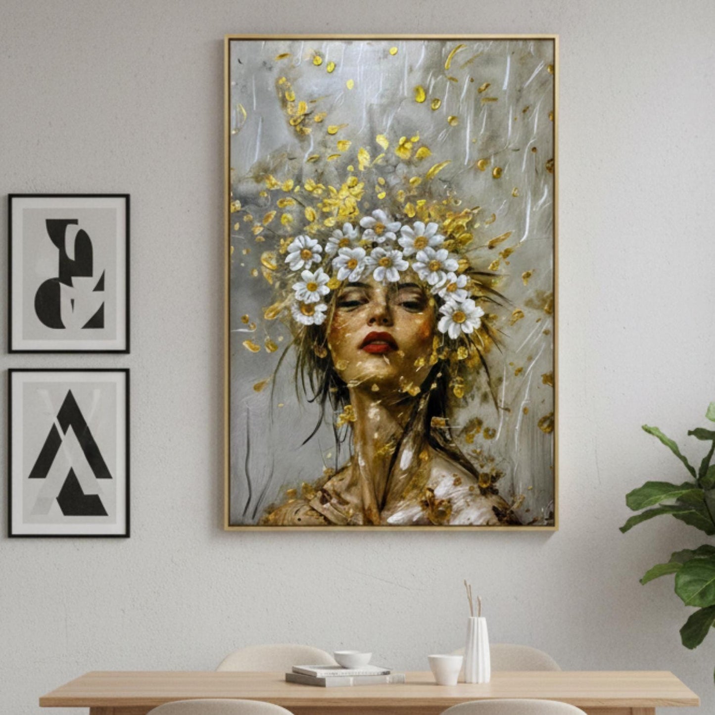 Textured Floral Woman Portrait Painting, Gold Impasto Canvas Art