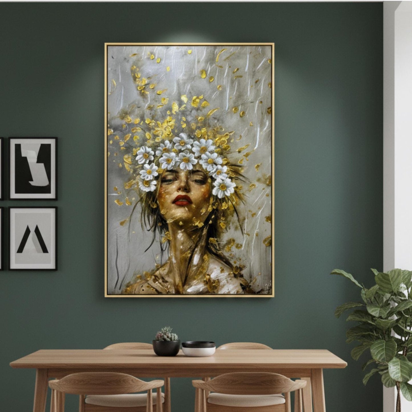 Textured Floral Woman Portrait Painting, Gold Impasto Canvas Art