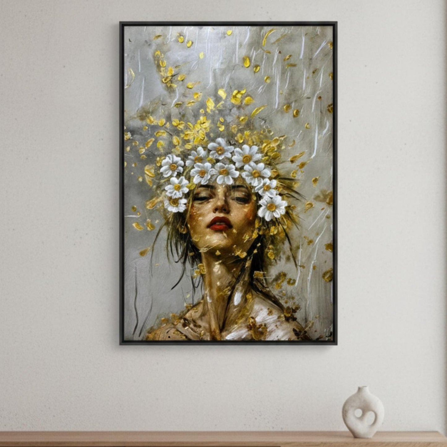 Textured Floral Woman Portrait Painting, Gold Impasto Canvas Art