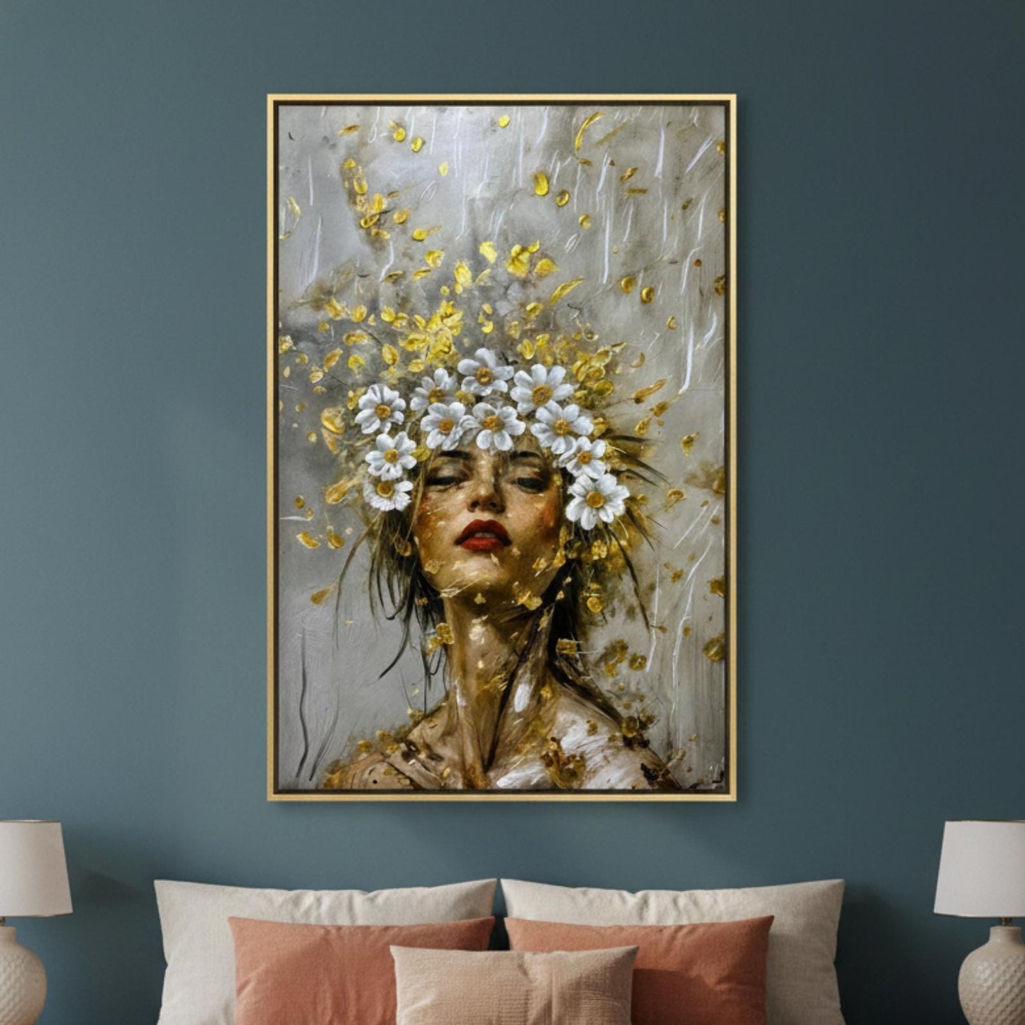 Textured Floral Woman Portrait Painting, Gold Impasto Canvas Art
