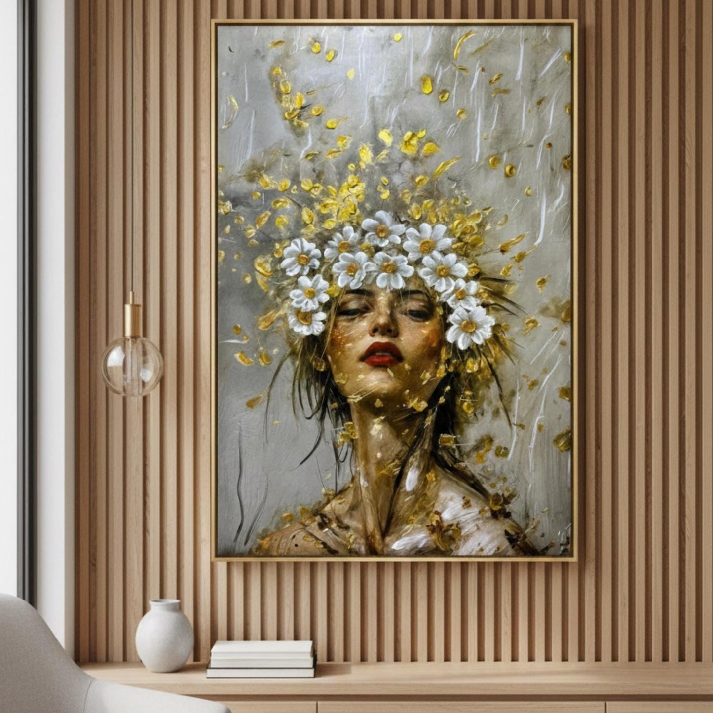 Textured Floral Woman Portrait Painting, Gold Impasto Canvas Art