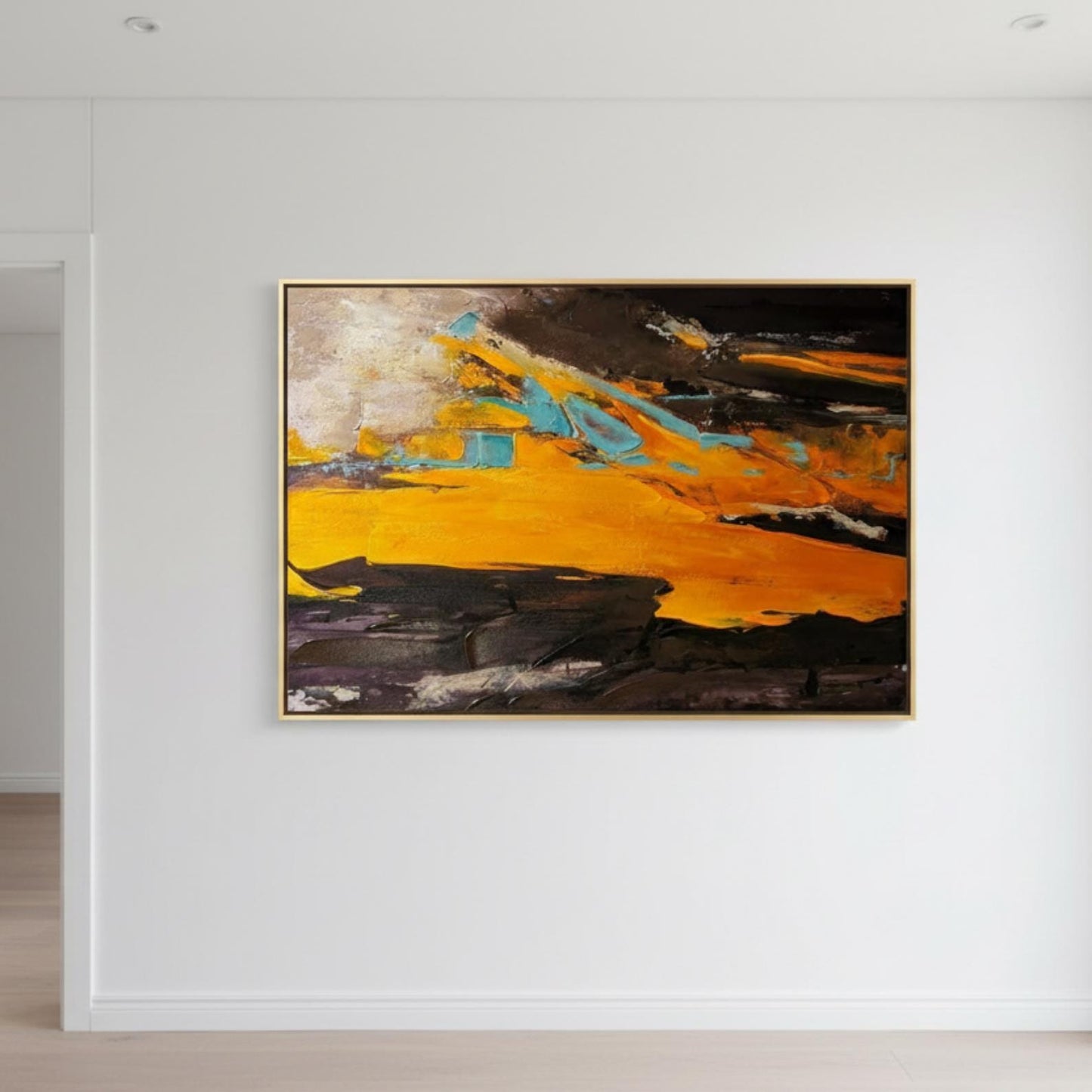 Textured Abstract Painting, Gold, Orange, Turquoise Impasto Canvas