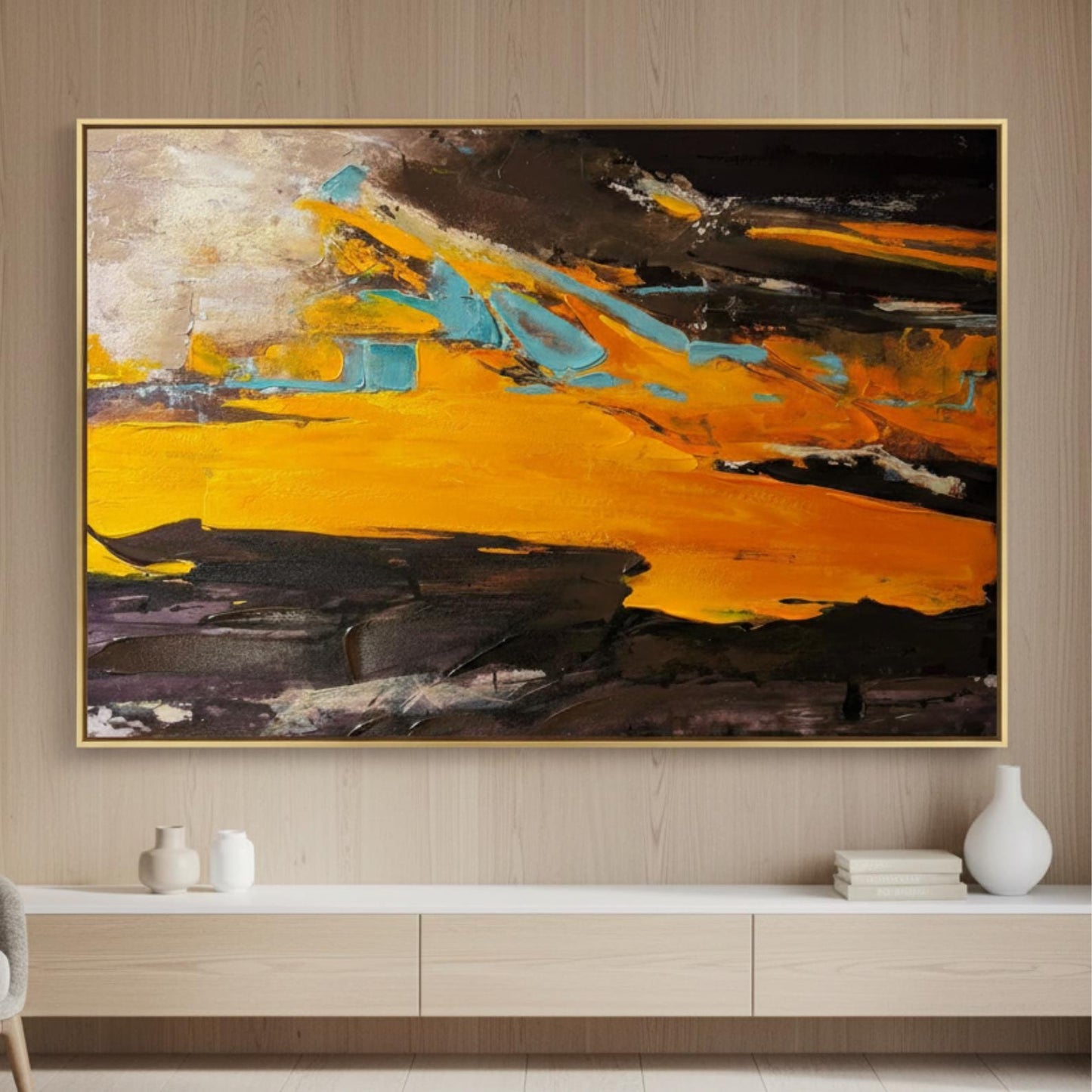 Textured Abstract Painting, Gold, Orange, Turquoise Impasto Canvas