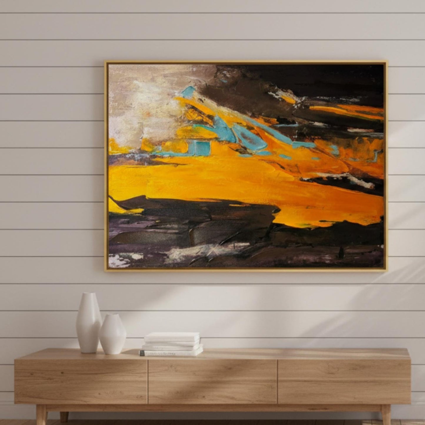 Textured Abstract Painting, Gold, Orange, Turquoise Impasto Canvas