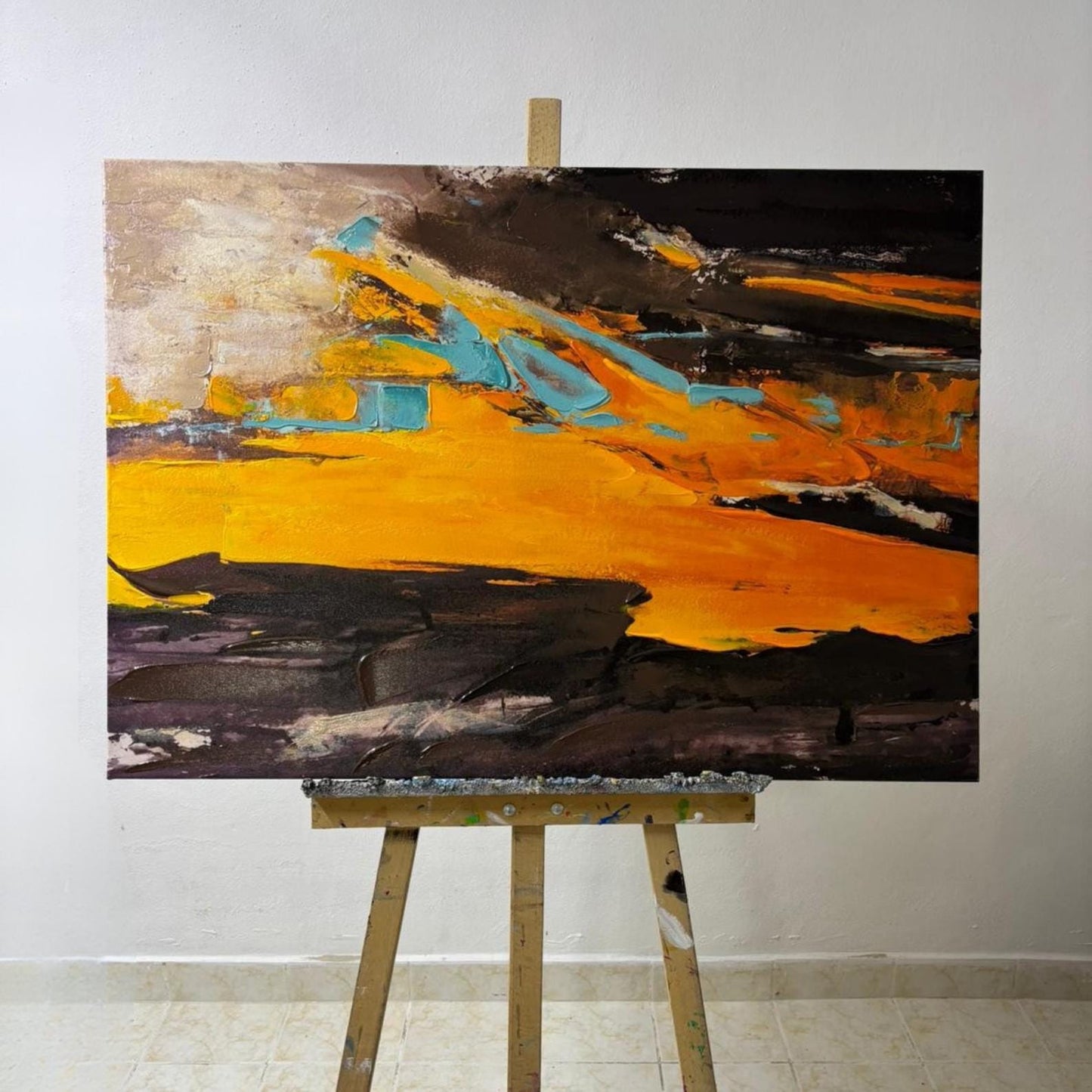 Textured Abstract Painting, Gold, Orange, Turquoise Impasto Canvas