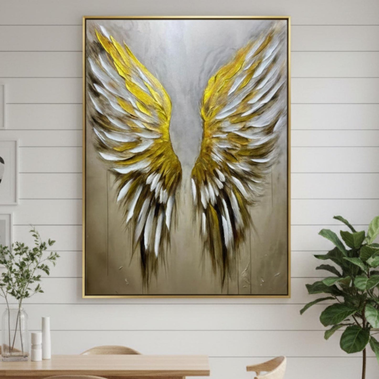 Textured Gold Angel Wings Painting, Impasto Neutral Wall Art, Modern Canvas Home Decor