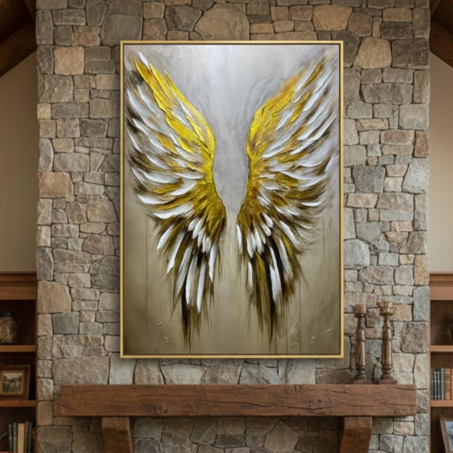 Textured Gold Angel Wings Painting, Impasto Neutral Wall Art, Modern Canvas Home Decor