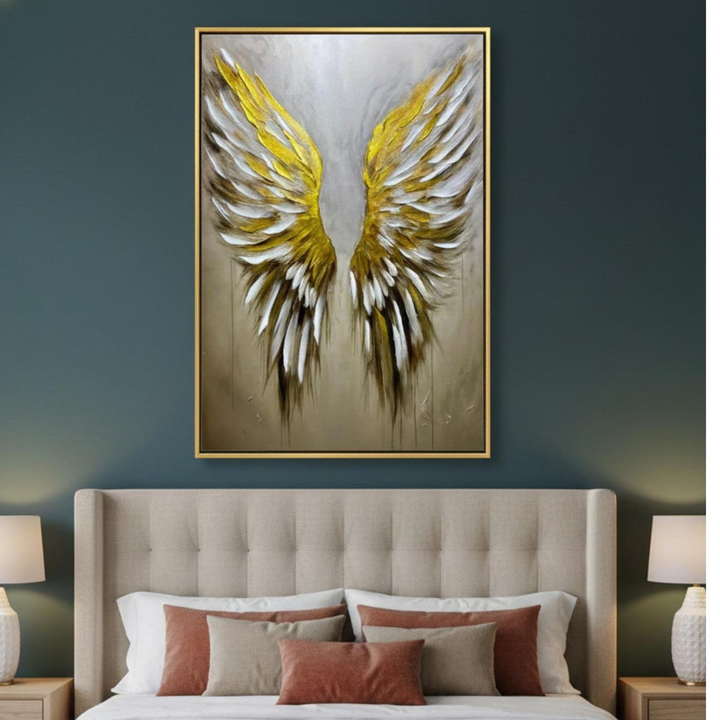Textured Gold Angel Wings Painting, Impasto Neutral Wall Art, Modern Canvas Home Decor