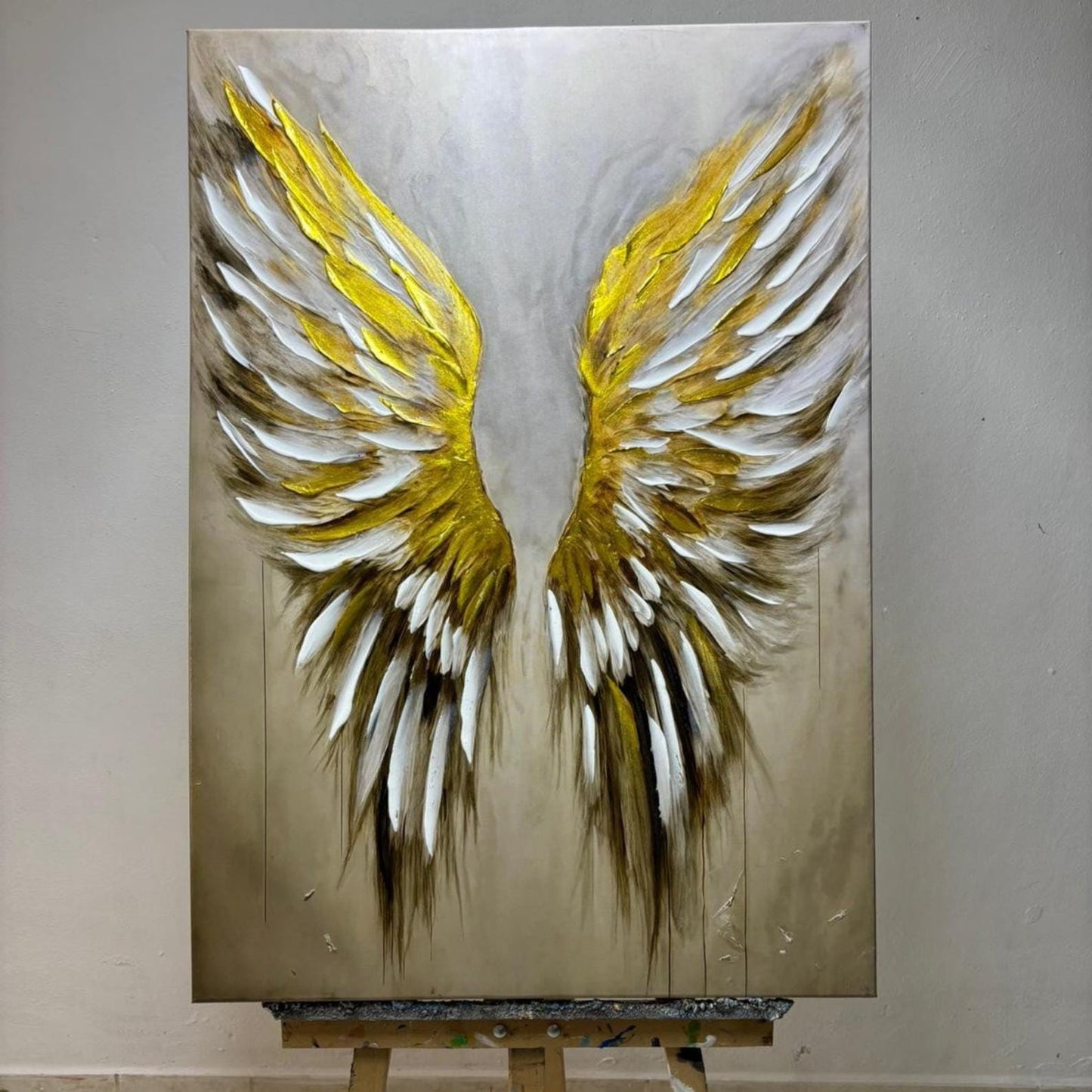 Textured Gold Angel Wings Painting, Impasto Neutral Wall Art, Modern Canvas Home Decor