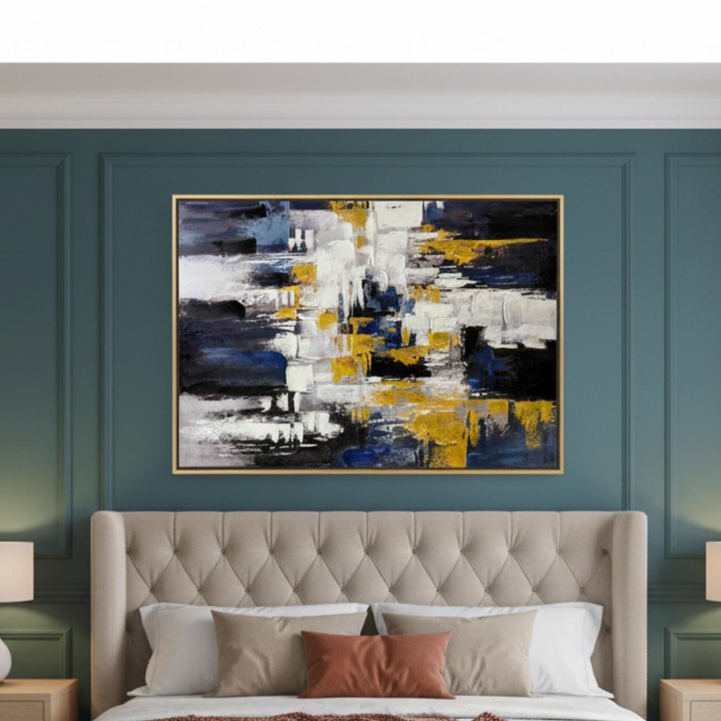 Textured Abstract Painting, Blue, White, Gold Palette Knife Canvas Art