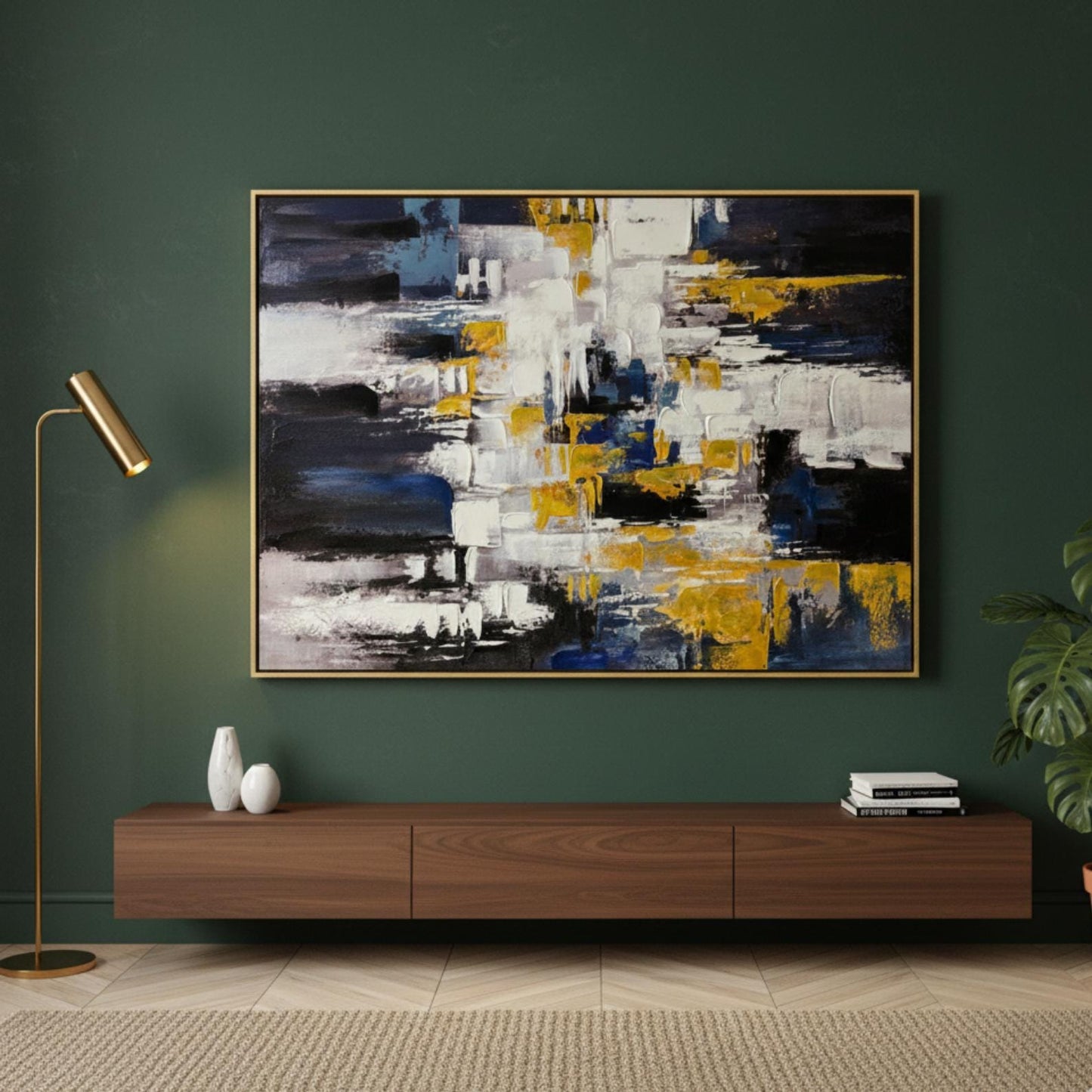 Textured Abstract Painting, Blue, White, Gold Palette Knife Canvas Art