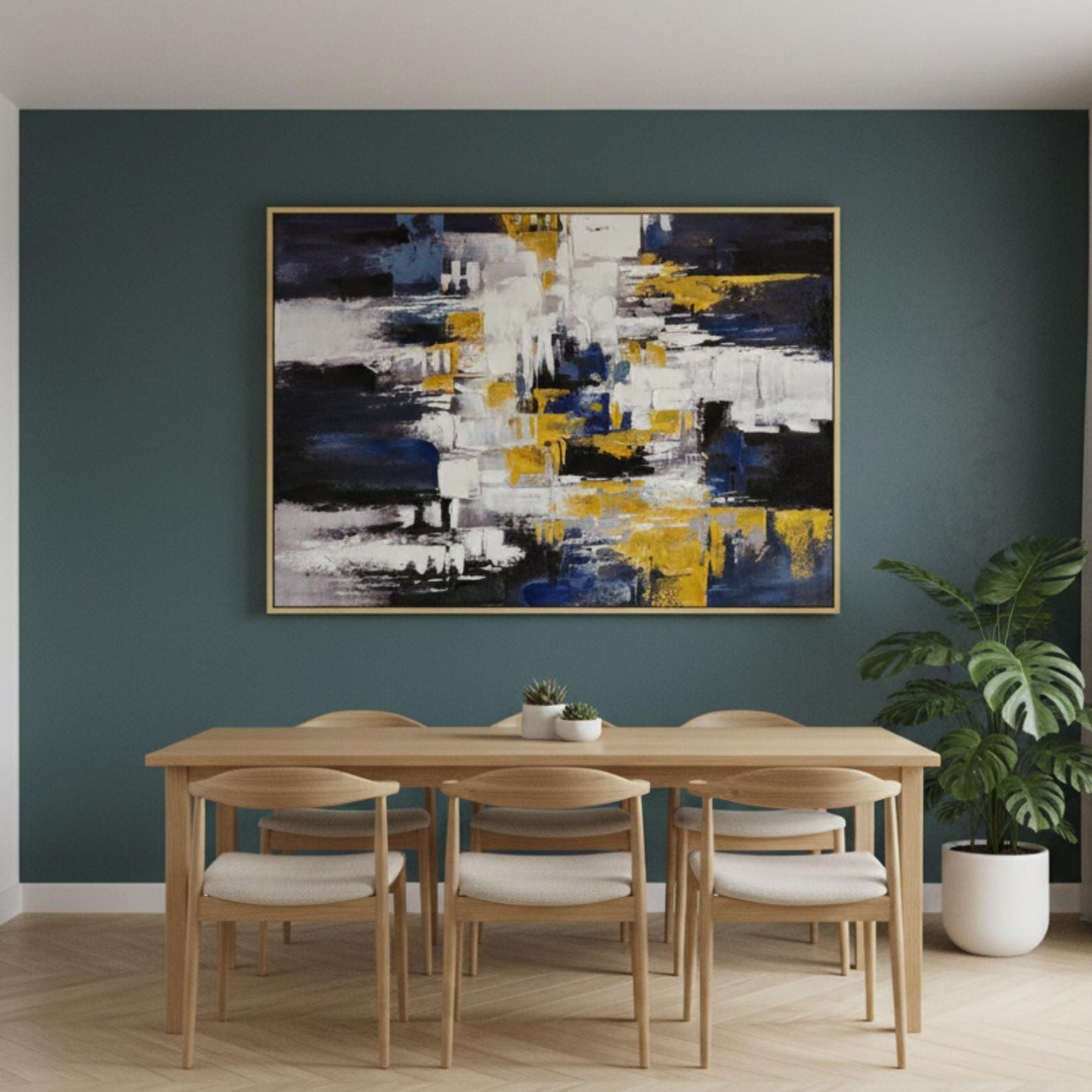 Textured Abstract Painting, Blue, White, Gold Palette Knife Canvas Art