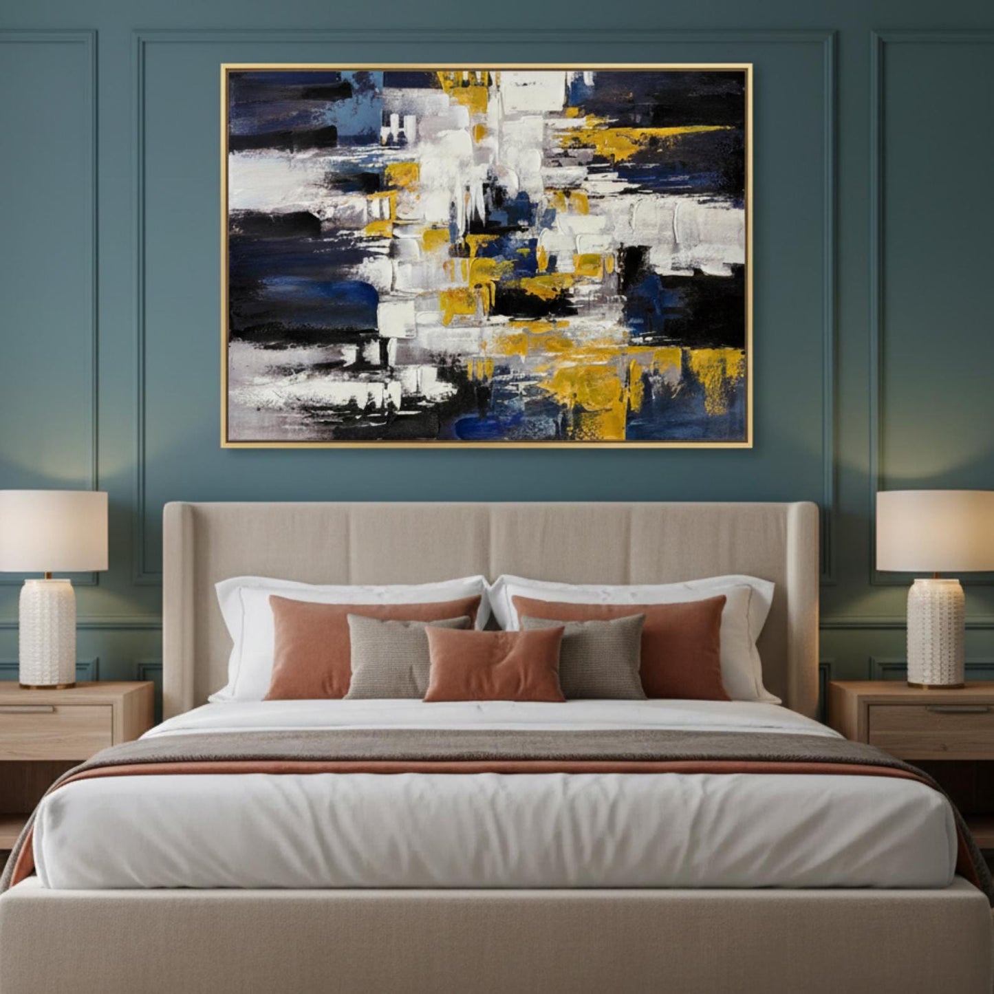 Textured Abstract Painting, Blue, White, Gold Palette Knife Canvas Art