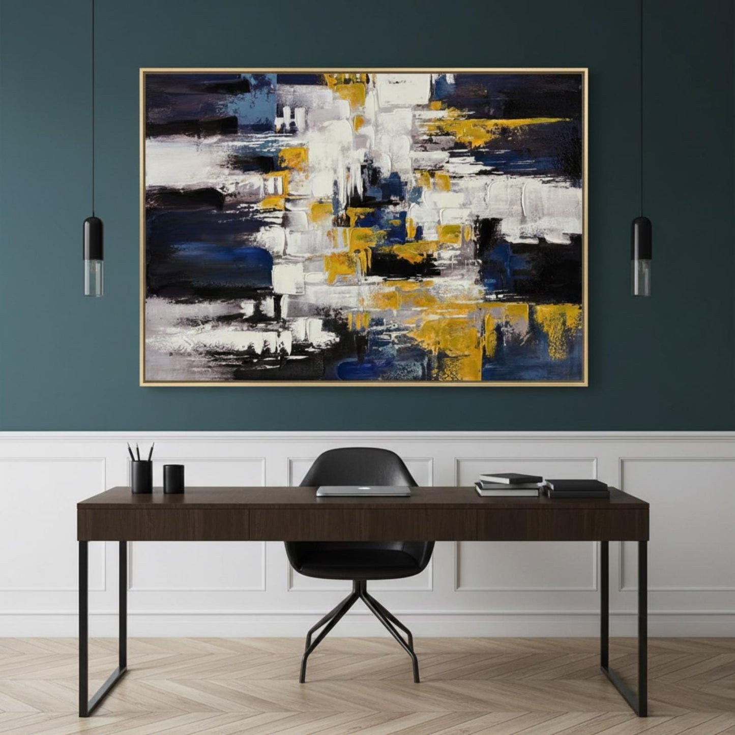 Textured Abstract Painting, Blue, White, Gold Palette Knife Canvas Art