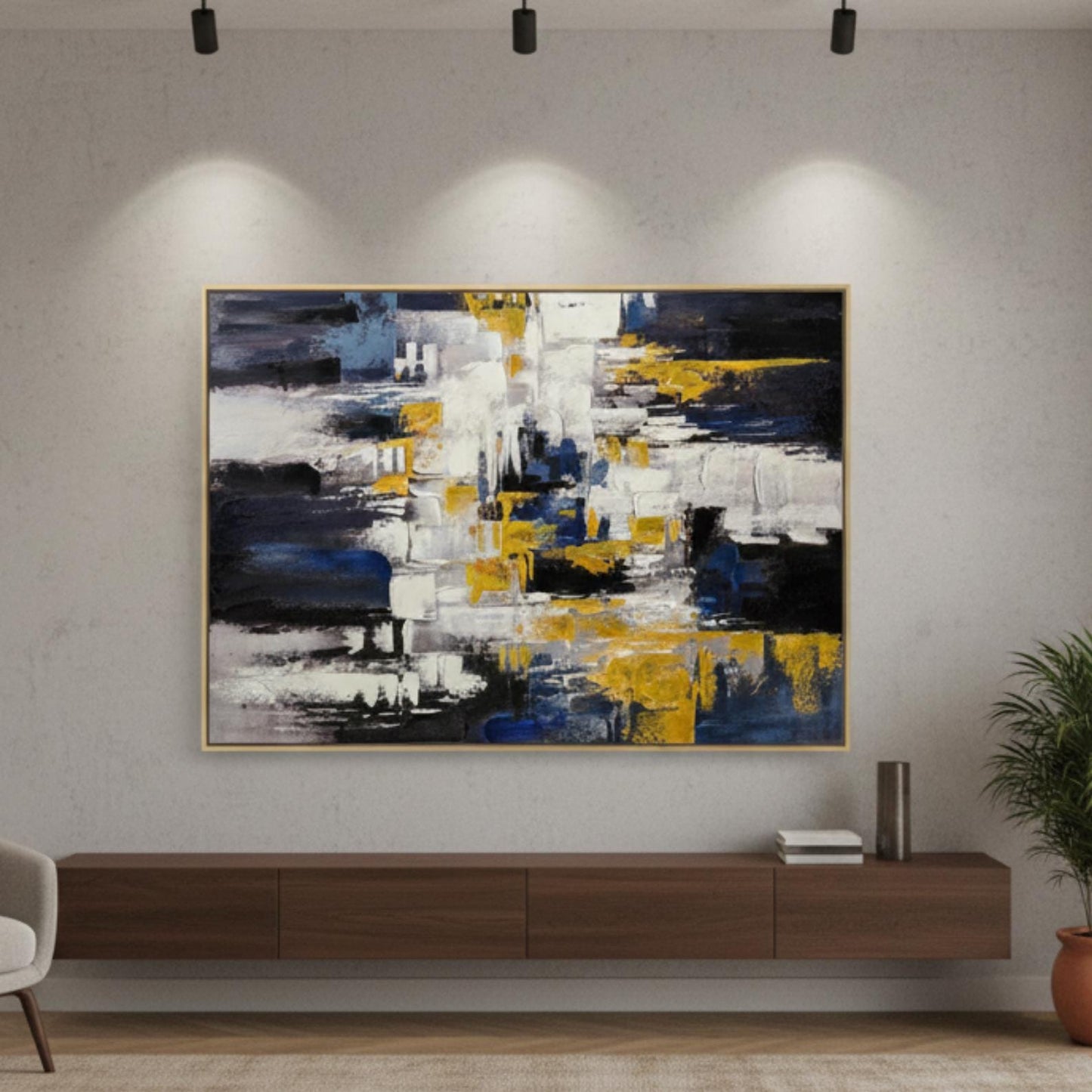 Textured Abstract Painting, Blue, White, Gold Palette Knife Canvas Art