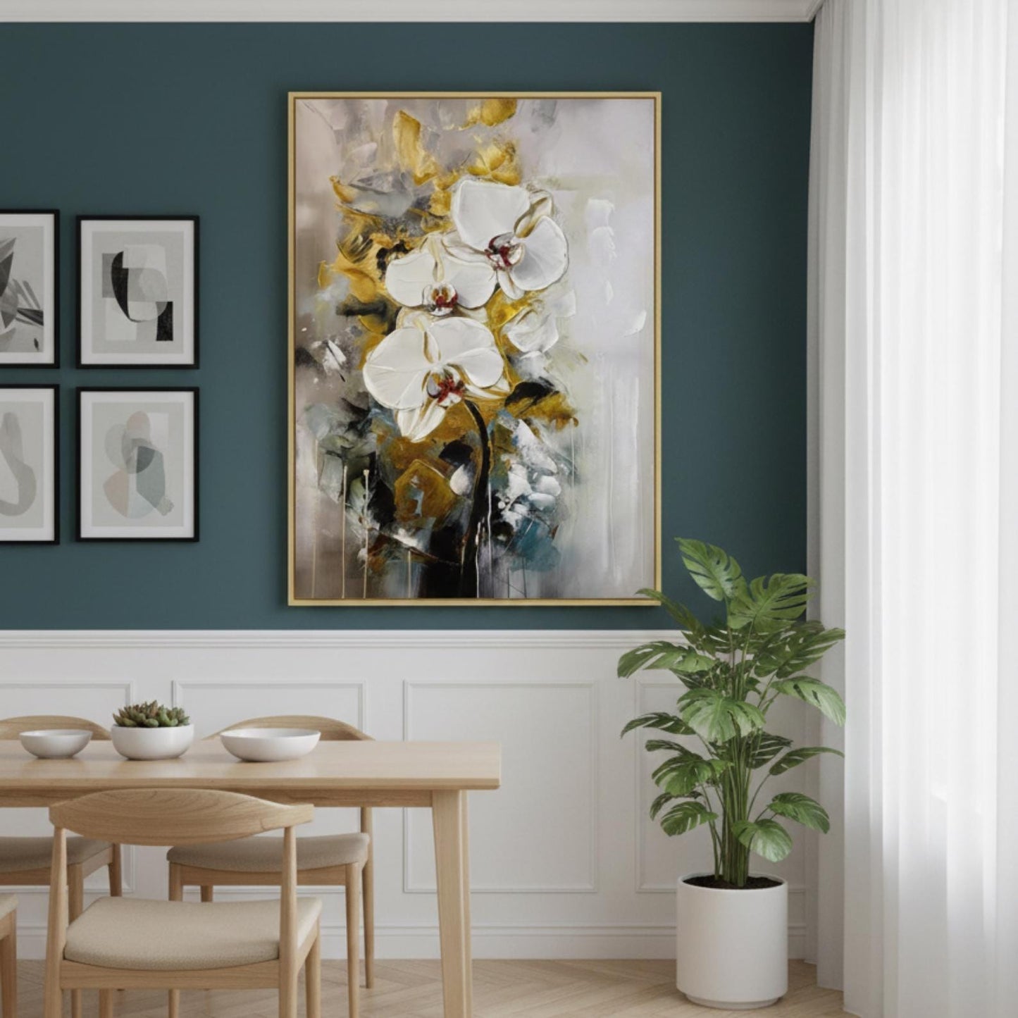 Hand-Painted White Orchid Canvas Art, Gold Accent Floral Painting