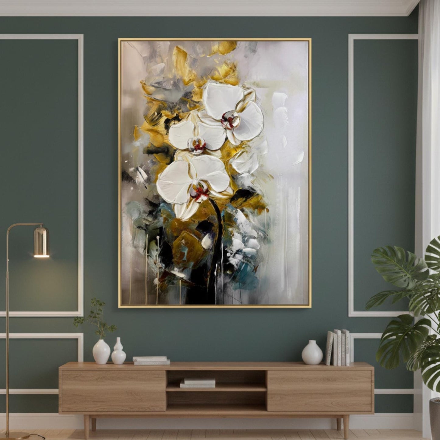 Hand-Painted White Orchid Canvas Art, Gold Accent Floral Painting