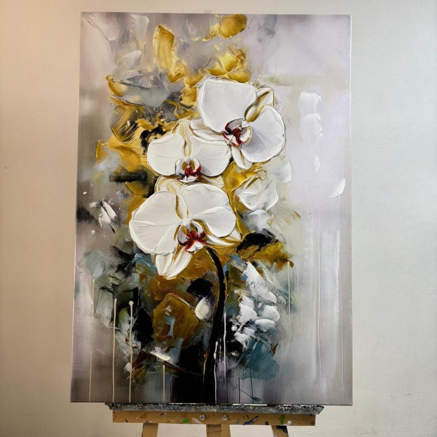 Hand-Painted White Orchid Canvas Art, Gold Accent Floral Painting