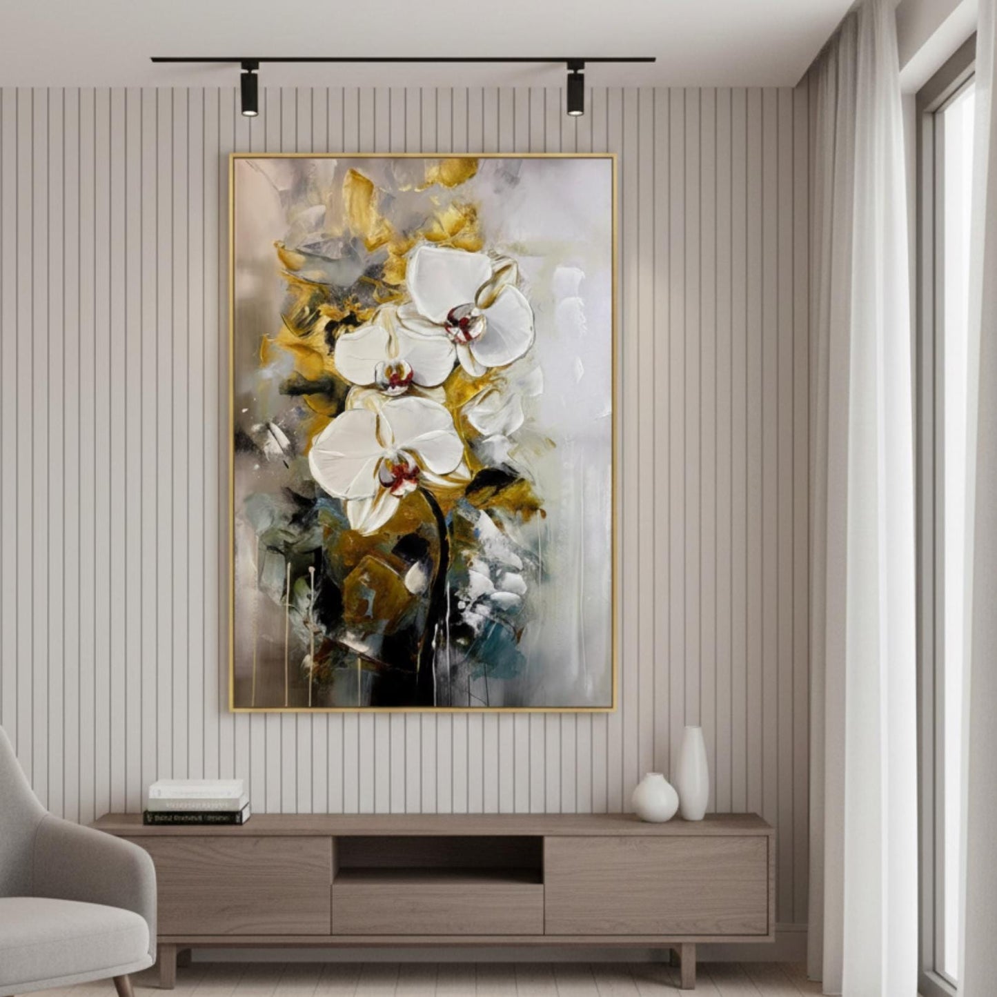 Hand-Painted White Orchid Canvas Art, Gold Accent Floral Painting
