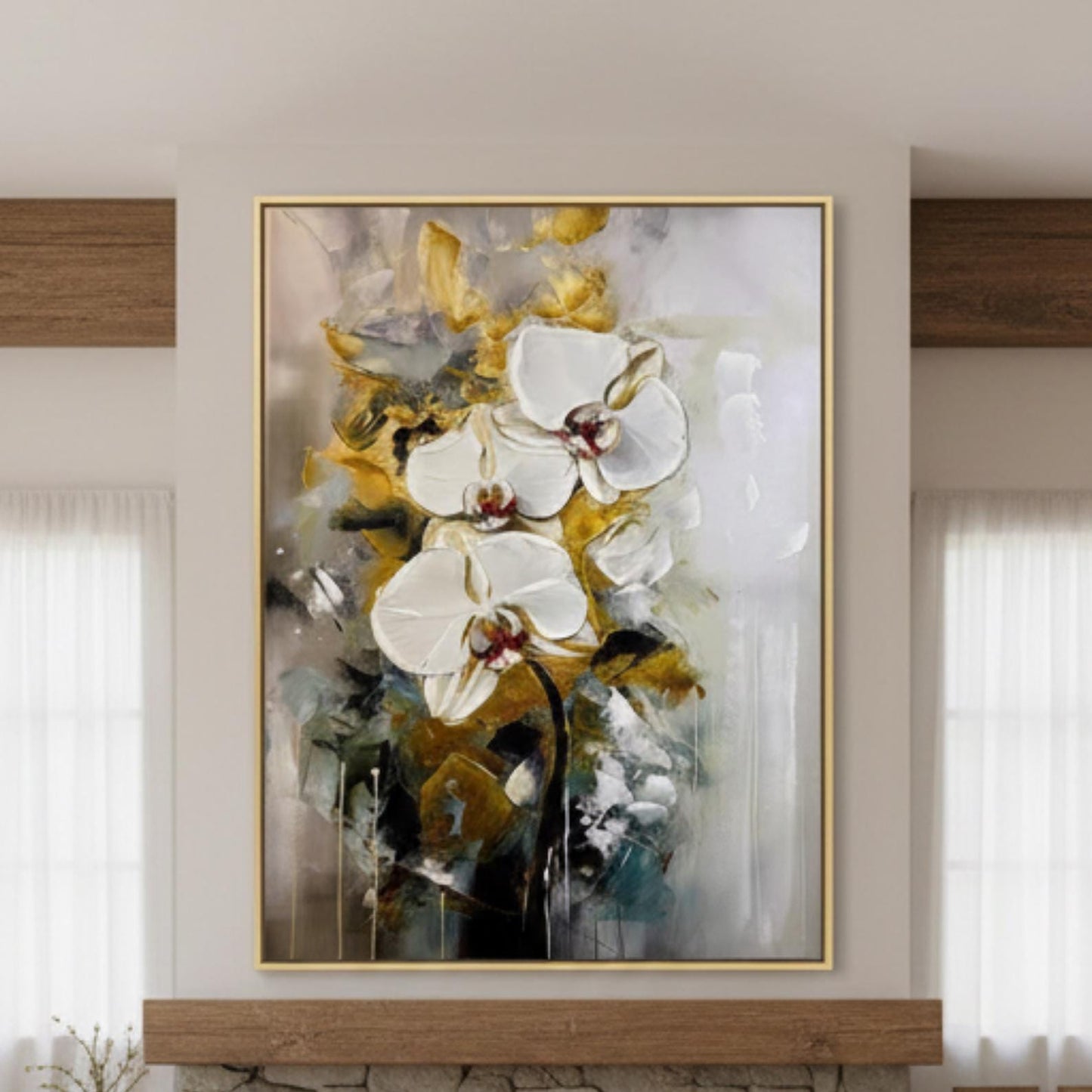 Hand-Painted White Orchid Canvas Art, Gold Accent Floral Painting