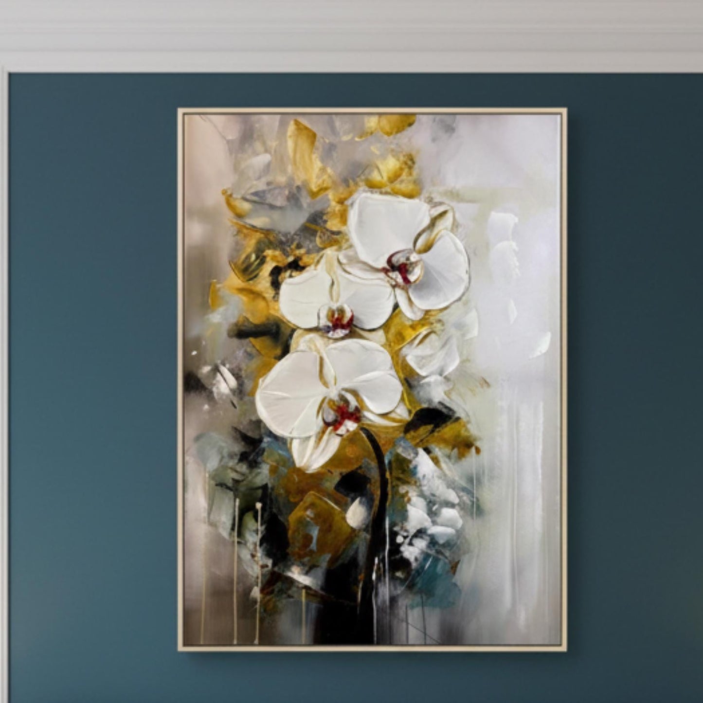 Hand-Painted White Orchid Canvas Art, Gold Accent Floral Painting
