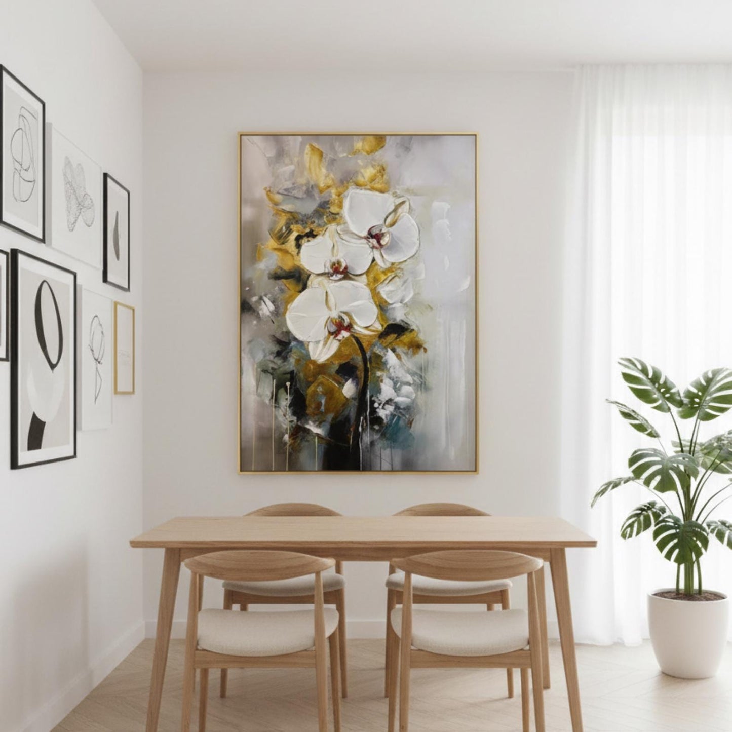 Hand-Painted White Orchid Canvas Art, Gold Accent Floral Painting