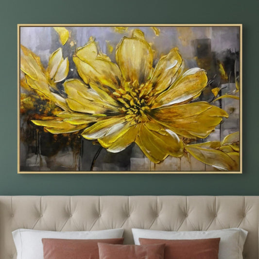 Golden Floral Impasto Painting, Textured Flower Canvas Art
