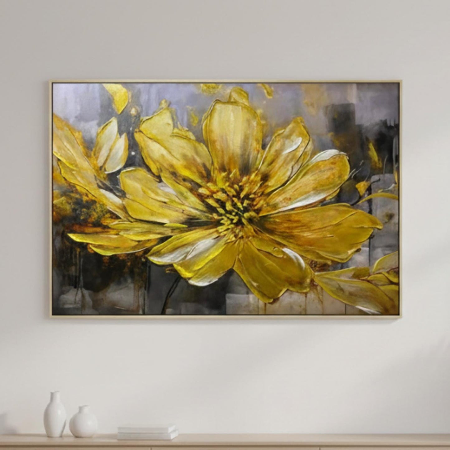 Golden Floral Impasto Painting, Textured Flower Canvas Art