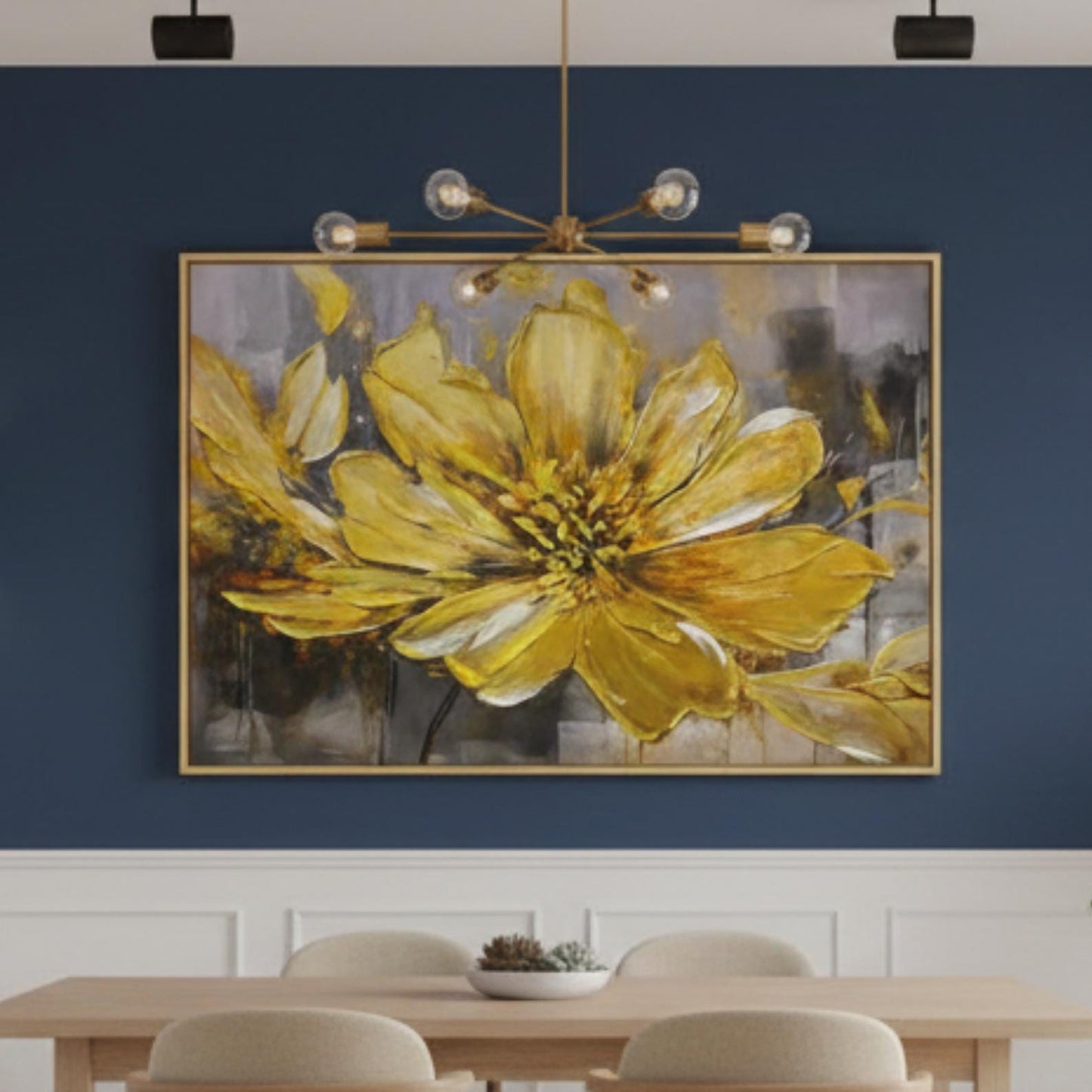 Golden Floral Impasto Painting, Textured Flower Canvas Art