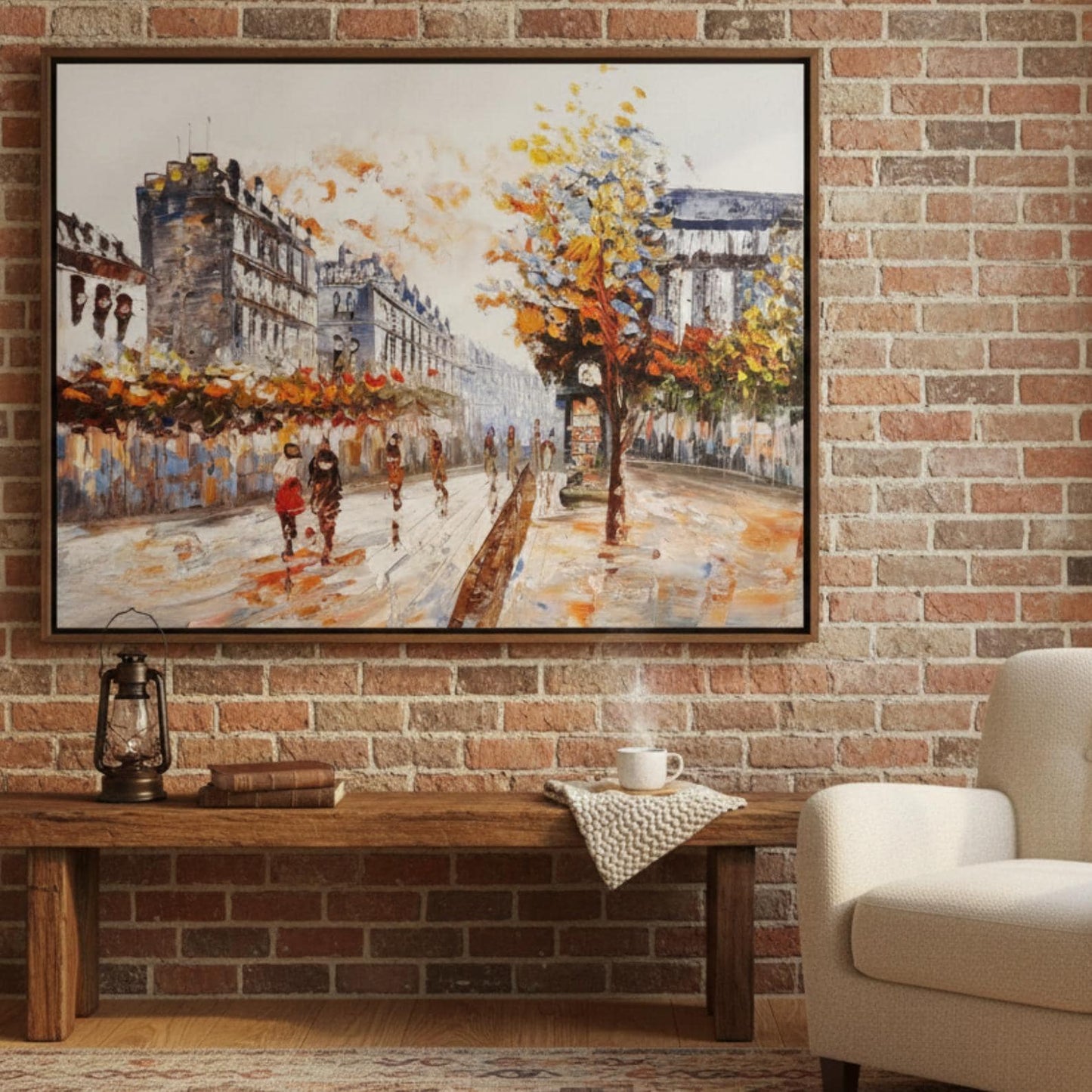 Textured Paris Street Painting, Autumn Cityscape, Palette Knife Canvas Art