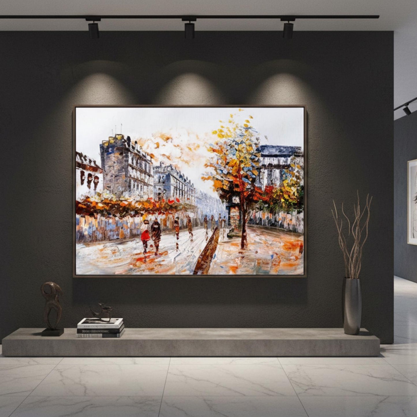Textured Paris Street Painting, Autumn Cityscape, Palette Knife Canvas Art