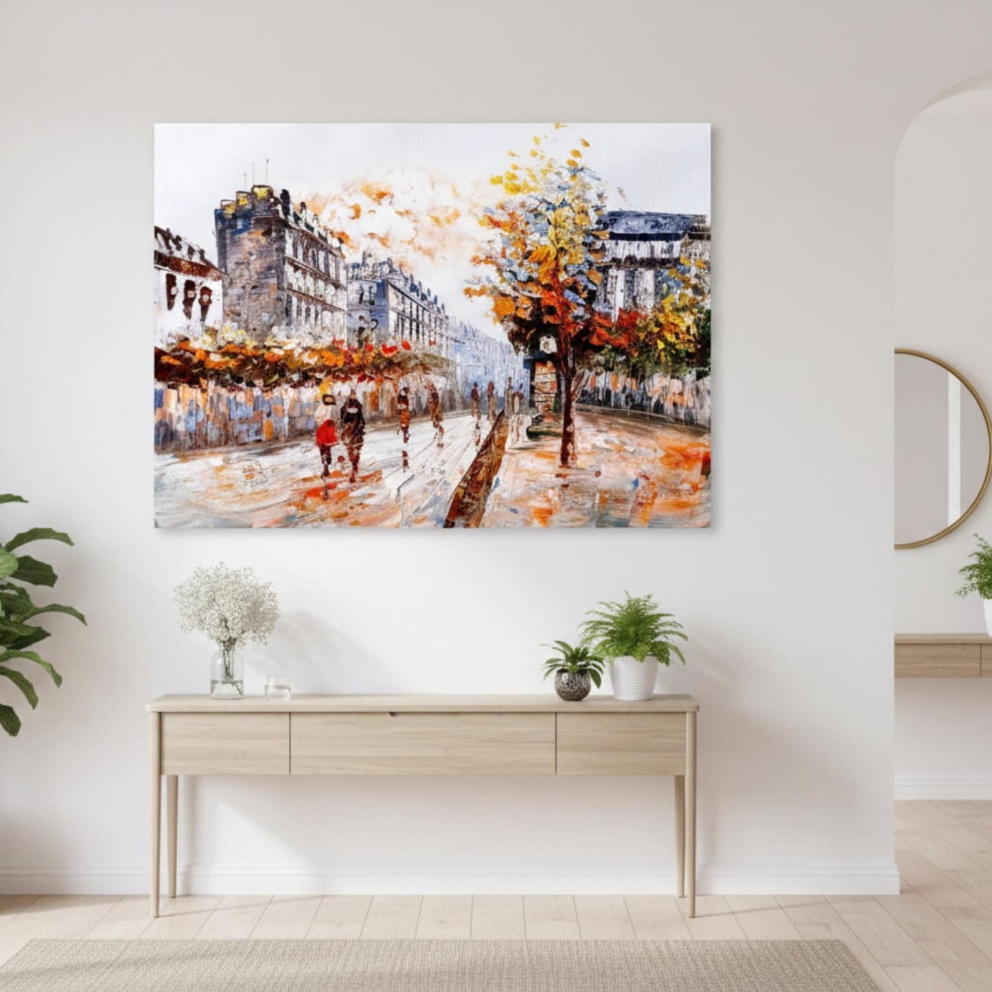 Textured Paris Street Painting, Autumn Cityscape, Palette Knife Canvas Art
