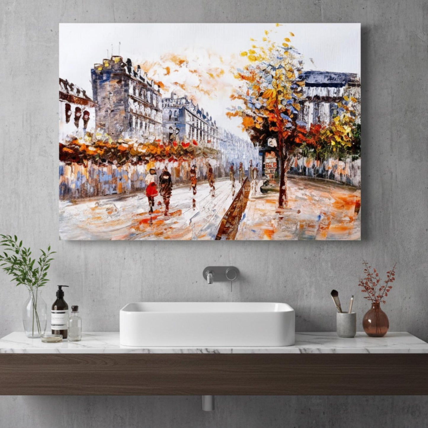 Textured Paris Street Painting, Autumn Cityscape, Palette Knife Canvas Art
