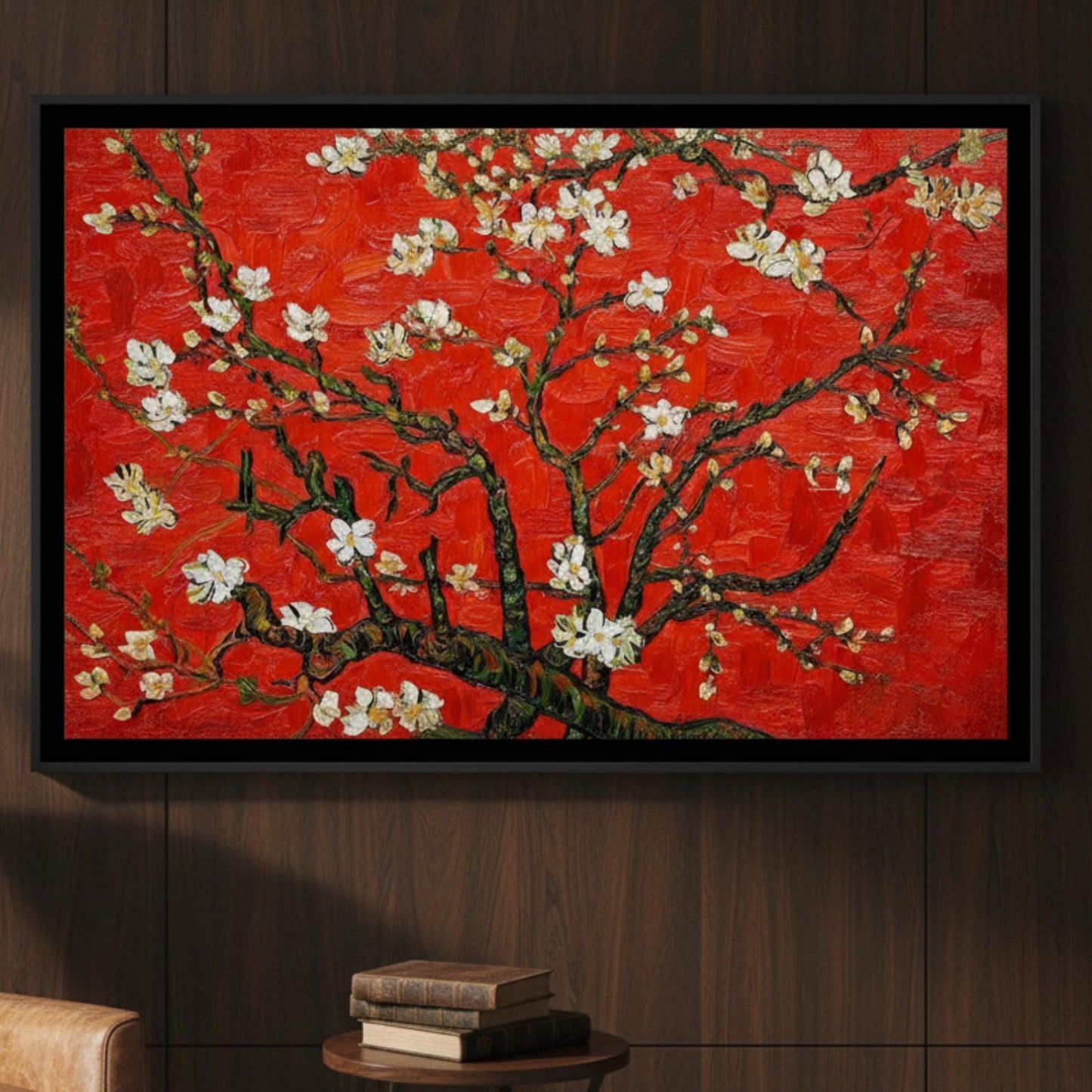 Textured Cherry Blossom Painting, Red Floral Tree Canvas Art, Asian Inspired Artwork