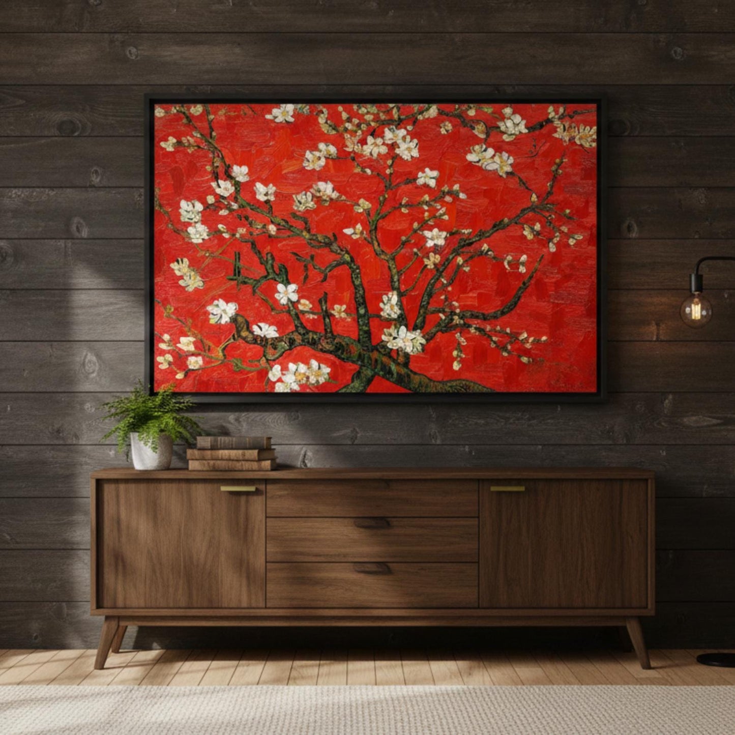 Textured Cherry Blossom Painting, Red Floral Tree Canvas Art, Asian Inspired Artwork