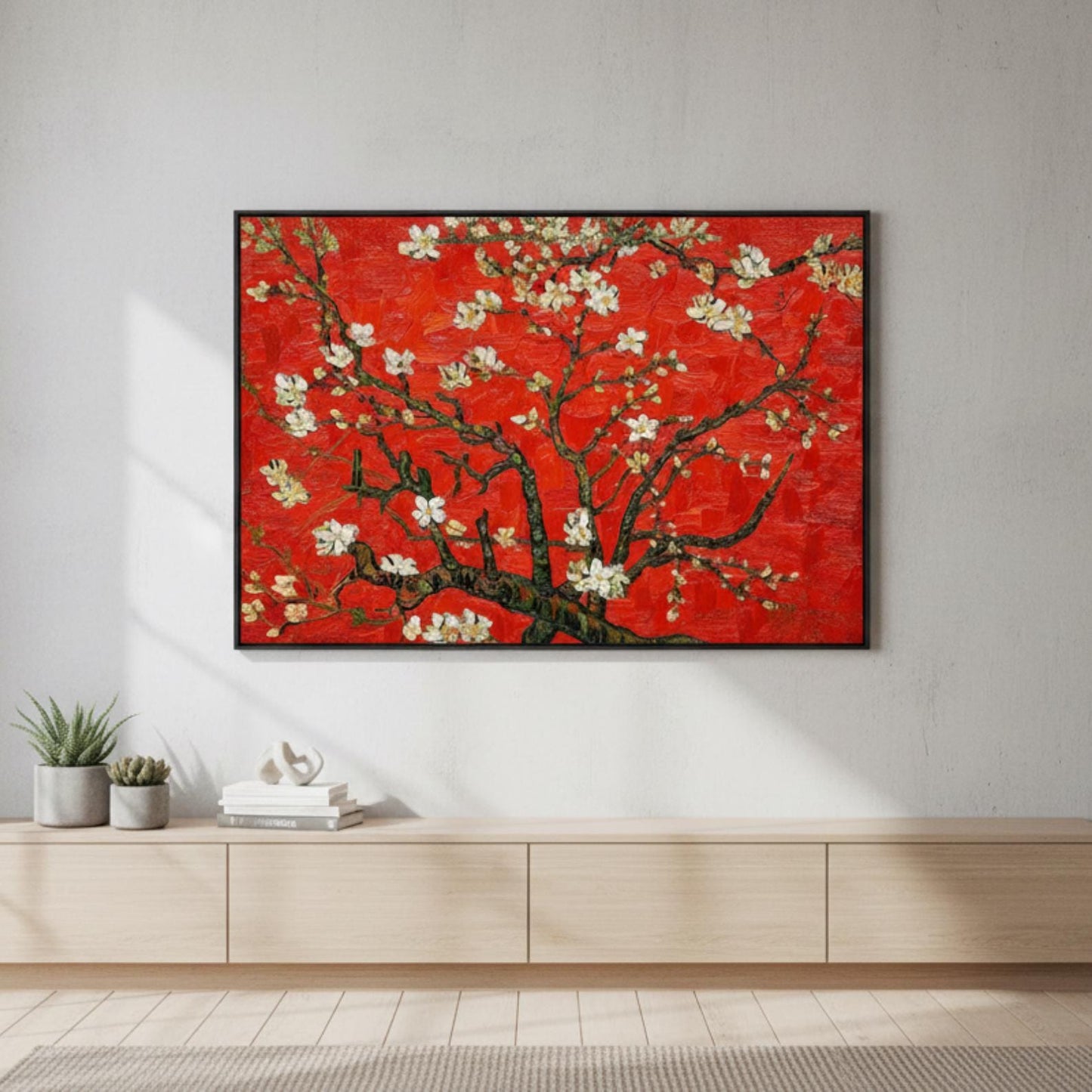 Textured Cherry Blossom Painting, Red Floral Tree Canvas Art, Asian Inspired Artwork
